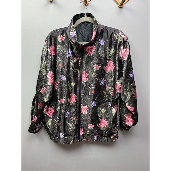 Rafael Jacket womens small black/pink floral reversible full zip Silky Retro Vtg - Picture 1 of 6
